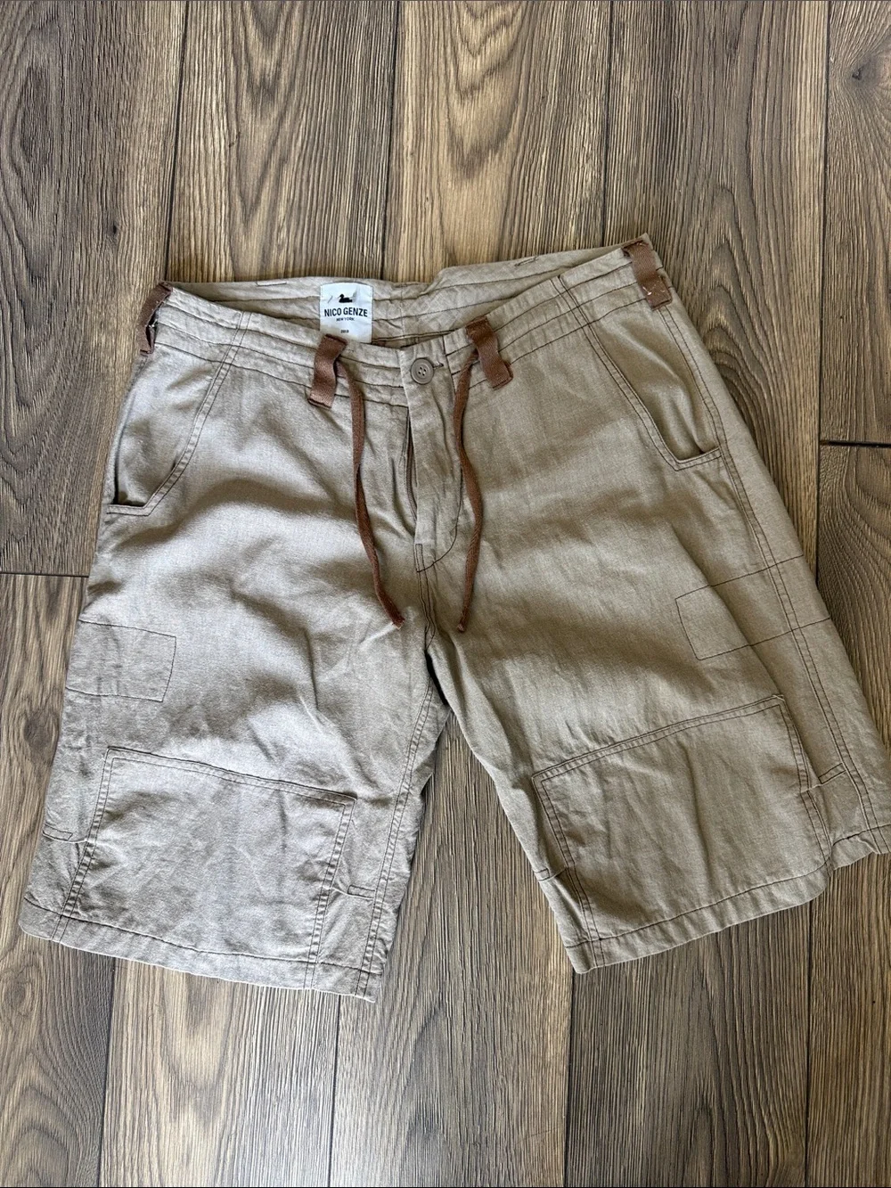 NICO GENZE New York 100% Linen Avant Garde Cargo Shorts XL tan Artisanal”